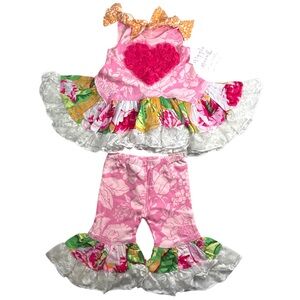 NWT Giggle Moon unique Pink Floral Heart ruffles top and pant set, Size 6M